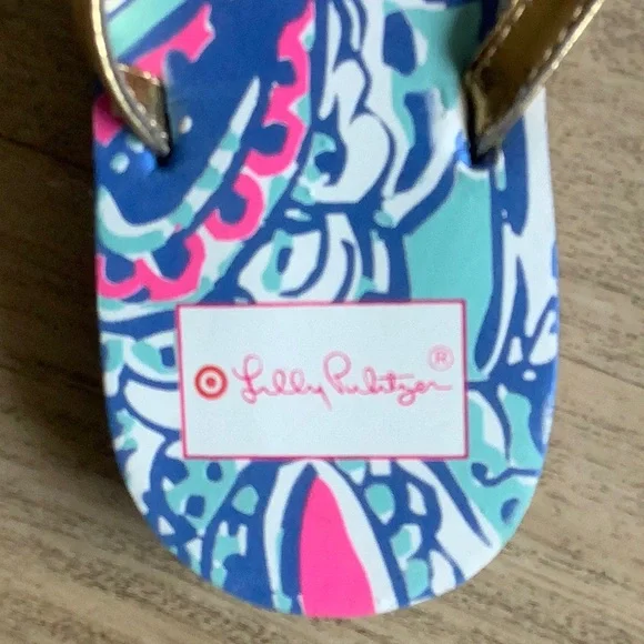 Lilly Pulitzer Vibrant Blue and Pink Flip Flops with Gold Straps - Picture 3 of 4